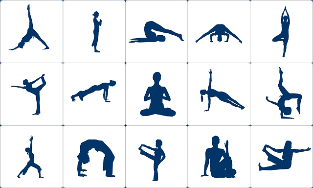 Übersicht mit zwölf Yoga-Piktogrammen