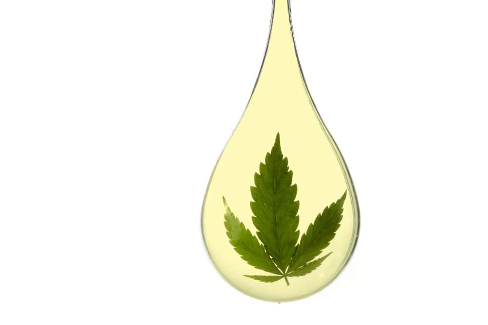 CBD und Stressbewältigung - Tropfen Öl mit einer Hanfpflanze in der Mitte