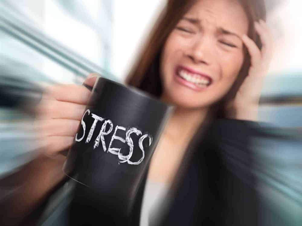 Junge Frau mit zusammengebissenen Zähnen und schwarzer Tasse mit Aufschrift "Stress"