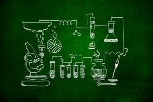 Eine Tafel mit der Skizze eines Chemieexperiments