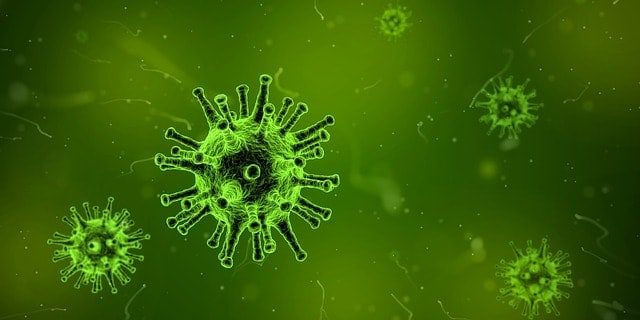 Viren mit Zacken in grüner Flüssigkeit