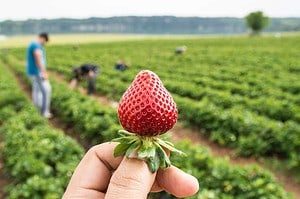 Hand mit einer einzelnen Erdbeere auf grünem Erdbeerfeld
