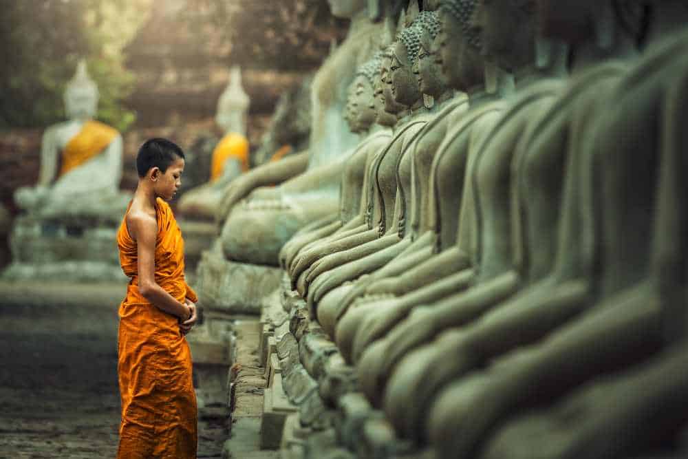 Vipassana Meditation: Junger Mönch vor Statuen