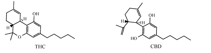 Molekulstrukturen von THC (links) und CBD (rechts)